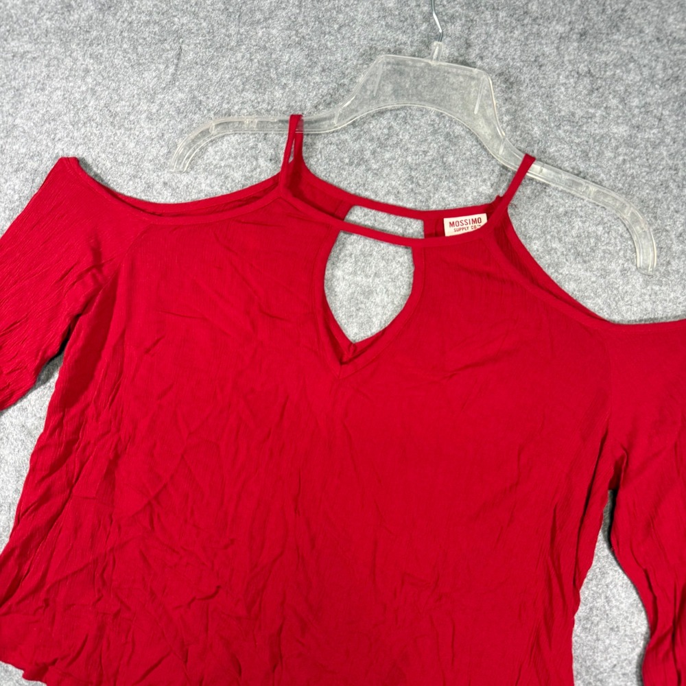 Mossimo Cold Shoulder Top Women Large Red Keyhole Crinkle Rayon Long Sleeve